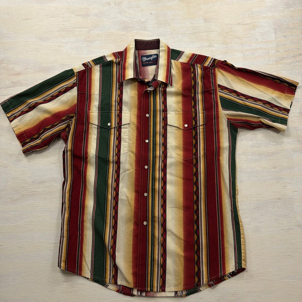 VTG Wrangler Western Shirt Large Aztec Stripe Pearl Snap Short Sleeve Multi Mens
